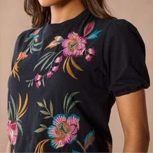 Johnny Was Black Top with Colorful Embroidery